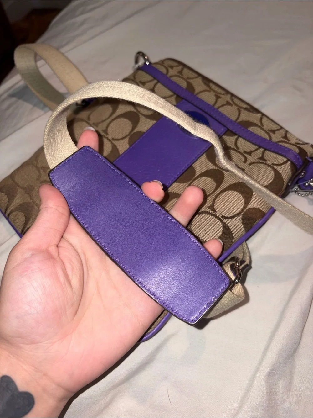 Coach Tan Signature Crossbody with Purple Leather Trim